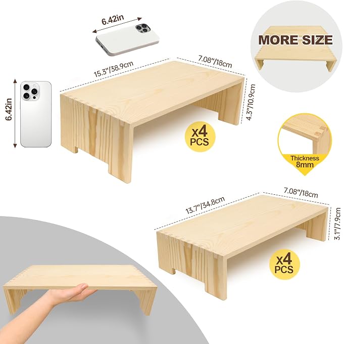 Yikaroeli 4 Set Large Wooden Display Riser Wood Risers Cupcake Display Stand 2Tiered 8Pcs Rectangular Perfume Dessert Display Stands for Vendors Event (Large/4Pack Nature)
