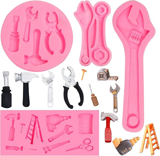 Hand Tools Fondant Molds 4 Pcs, Mini Construction Tool Chocolate Silicone Molds for Cake Decoration Candy Sugar Cupcake Topper Cake Pop Popsicle Polymer Clay Crafts