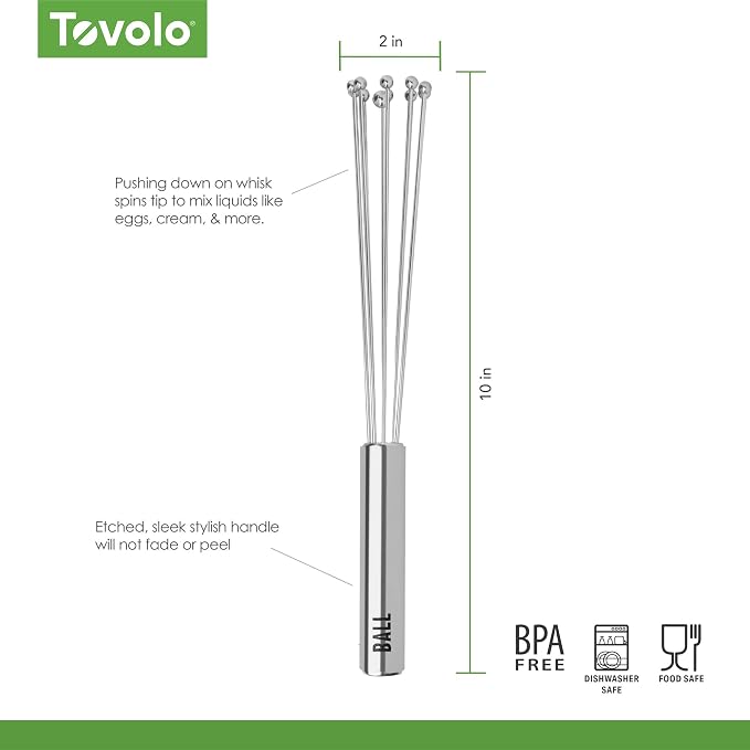 Tovolo Ball Whisk 10" Stainless Steel Wire Whisk Metal Ball Whisk for Cooking Blending Mixing Stirring Whipping Whisking, Large Dishwasher Safe Mini Ball Wire Whisker for Egg Beating Liquid Mixing