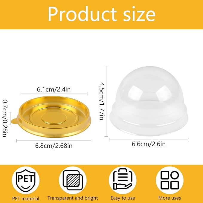 Clear Plastic Mini Cake Container, Round Cupcake Mooncake Dessert Boxes Muffin Pod Dome Muffin Single Container Box with a Transparent Lid for Wedding Birthday Party (Gold, 20pc)