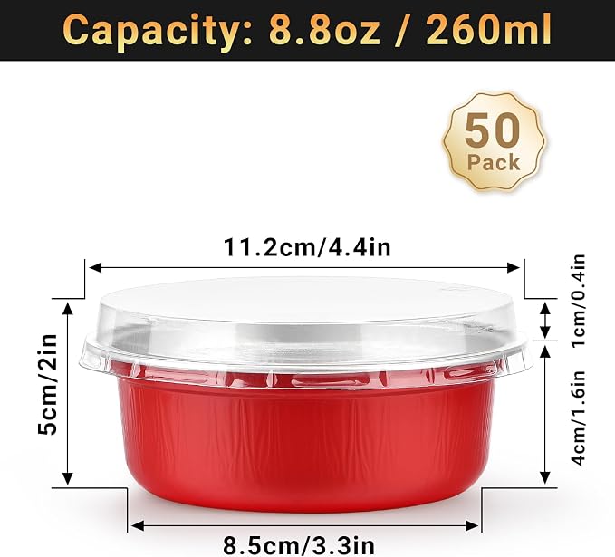 Beasea Disposable Baking Cups With Lids, 50 Pack 8.8oz 260ml Aluminum Foil Ramekins 4 Inch Round Baking Mini Cupcake Oven Cups for Party - Red