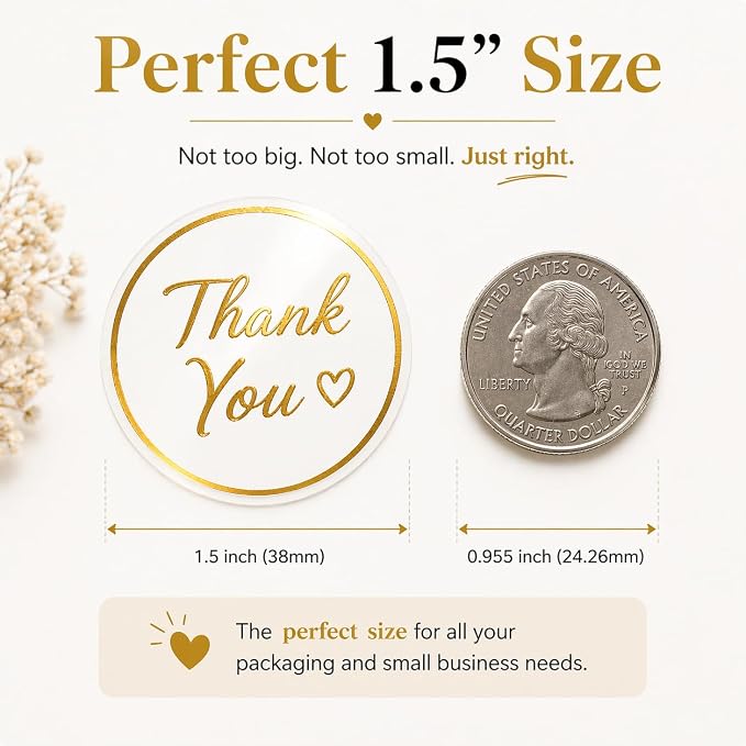 Thank You Stickers for Small Business – 500 Clear Round Stickers with Gold Foil Script, 1.5 Inch Waterproof Adhesive Labels for Packaging, Envelopes & Gift Bags