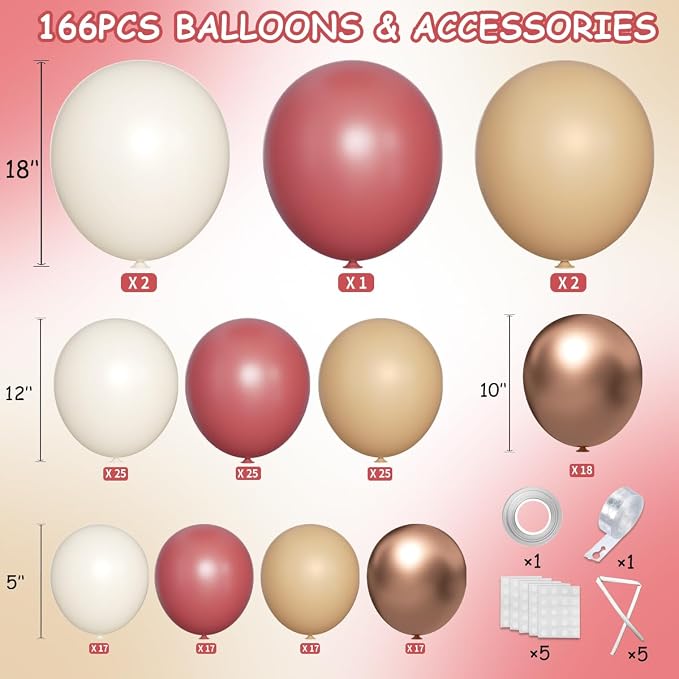 MEBAY Red Brown White Gold Balloon Arch Kit, 166Pcs Boho Ruby Red Balloons Garland for Valentine's Day Wedding Bachelorette Birthday Mother's Day Graduation Party Decoration