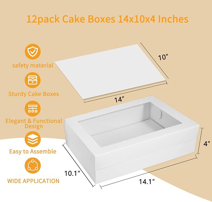 18pcs Cake Boxes with Cake Board, 14x10x4 Inches White Bakery Boxes with Large Window for Quarter Sheet Cakes, Donuts, Cupcakes, Pastry & Pies