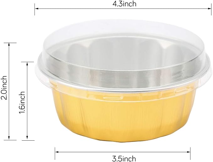 Beasea Disposable Ramekins with Lids, 8oz 100 Pack Golden Aluminum Foil Cups Disposable Creme Brulee Muffin Cupcake Baking Cup Mini Pudding Cups for Party Wedding Birthday
