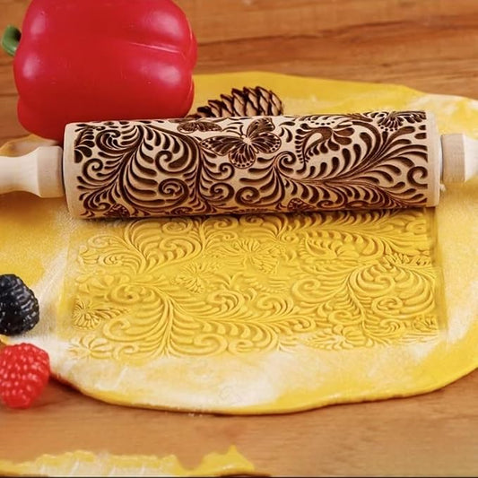 Floral Embossed Rolling Pins for Cookies, Wooden Engraved for Baking, Butterfly Embossing Rolling Pins with Designs, Patterned Rolling Pin Decorative Springerle Stamp Clay Pattern Roller