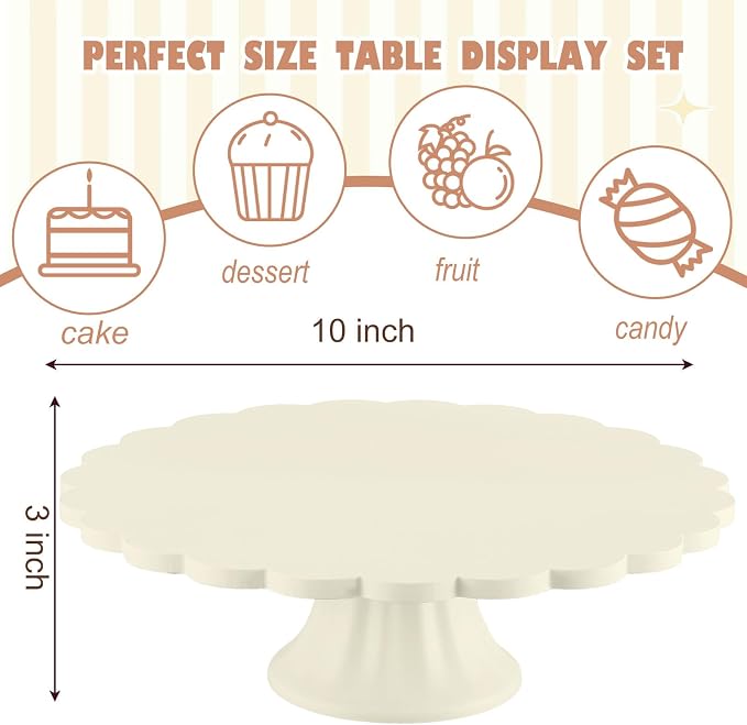 Vesici Cream Wooden Cake Stand Scalloped Reusable Round Cake Stand Dessert Holder for Cupcake Donut Dessert Wedding Baby Shower Party Supply (10" L x 10" W x 3" H)
