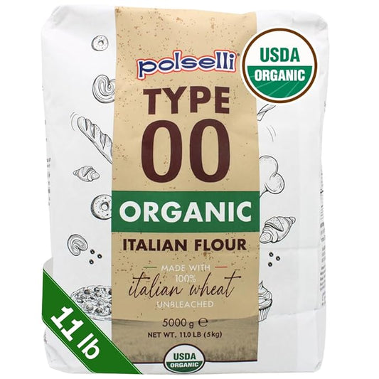 POLSELLI Organic Flour, Type 00, 100% Italian Grain Double Zero Flour, 5 kg | Extra Fine "00", Organic Wheat Flour For Neapolitan Pizza, Pasta And Bread; All-Natural, Unbleached, Unbromated, No Additives