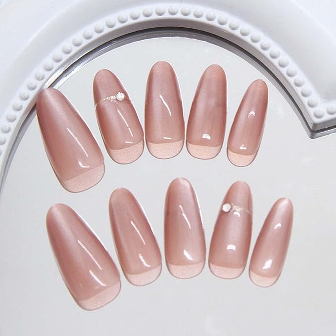 30Pcs French Press on Nails Short Almond ZWENJIE Cat Eye Fake Nails Press ons Nail Tips Stick on Nails Glossy Acrylic Nails Kit False Nails with Light Blue Design Nail Art for Women Glitter Manicure