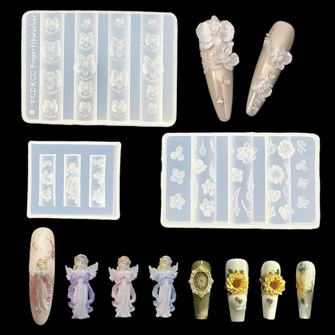 3Pcs Flower Nail Art Silicone Molds, 3D Floral Charms Kit, Daisy Sunflower Tulip for UV Gel Acrylic DIY Craft Supplies