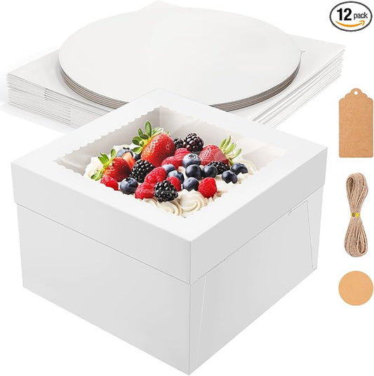 NEOACT 6 Pack Cake Boxes with Cake Boards,12x12x8 Inch White Bakery Boxes with Windown,Disposable Cakes Transport Container, Tall Cake Carrier Holder for Cakes, Pie, Cupcakes, Pastry