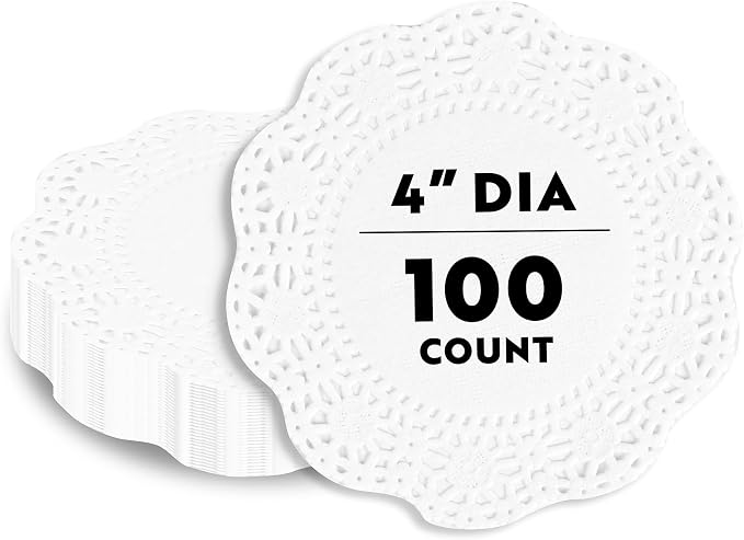 Restaurantware Pastry Tek 4 x 4 Inch Lace Doilies 100 Decorative Tableware Placemats - Disposable Round White Paper Table Doilies For Birthdays Or Weddings Table Decor
