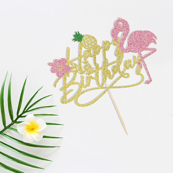 1 PCS Flamingo Happy Birthday Cake Topper-Glitter Palm Tree Turtle Leaf Flower Pineapple Flamingo Cake Pick Decorations,Tropical Hawaiian Luau Theme Baby Shower Boys Girls Party Decoration Supplies