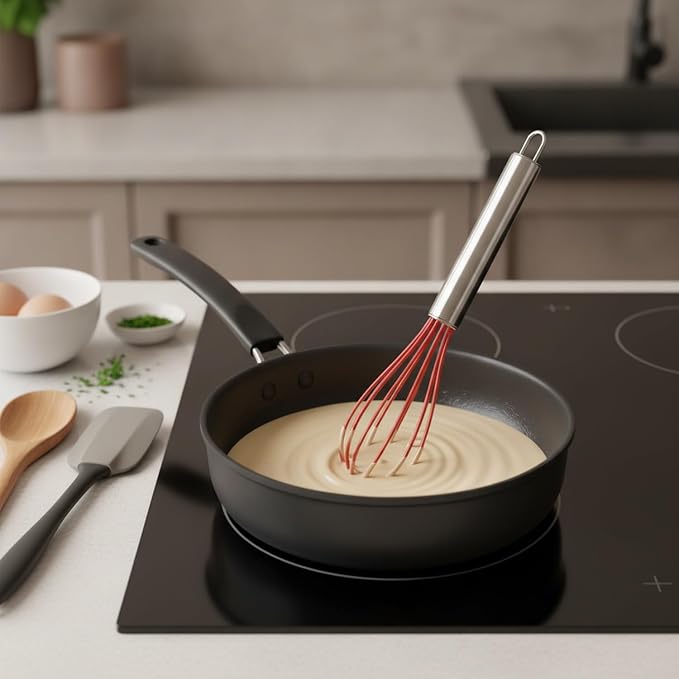 8.9 Inch Silicone Coated Whisk for Nonstick Cookware, Stainless Steel Wire Mixer for Eggs Sauces and Batters, Red Kitchen Utensil