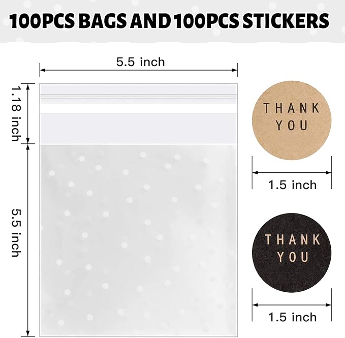NPLUX 100 PACK Self Adhesive Cookie Bags Cellophane Treat Bags Thank You for Gift Giving Candy with Stickers, Party Favor Graduation Gift Bags(White Polka Dot, 5.5x5.5 INCH)