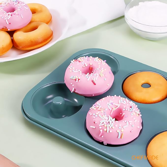 CHEFMADE Mini Donut Pan, Nonstick 6-Cavity Carbon Steel for Baking | Ring Donut Pan for Baking, Bagel Pan Bakeware. Nonstick steel, even heat to 428°F. PTFE/PFOA free. Easy clean (Green)