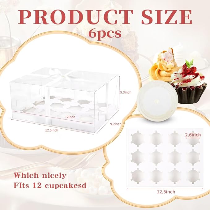 6Pcs Clear Cupcake Boxes,12 Count Cupcake Containers with Gift Ribbon,Plastic Cupcake Carrier Holder for Dessert Cookies Muffins Pastry(White/clear, 12 Count/6ps)