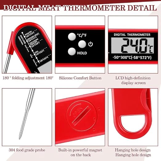 Meat Thermometer Digital for Grilling and Cooking - Waterproof Ultra-Fast Instant Read Food thermometers with Backlight & Calibration for Kitchen, Deep Fry, BBQ, Grill LCD(Red)