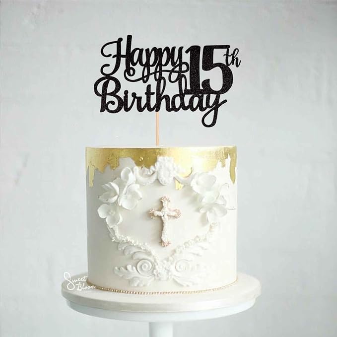 1 PCS Happy 15th Birthday Cake Topper Glitter Cheers to 15 Years Birthday Cake Pick Mis Quince 15 Fabulous Cake Decoration for Happy 15th Birthday Theme Party Decorations Supplies Black