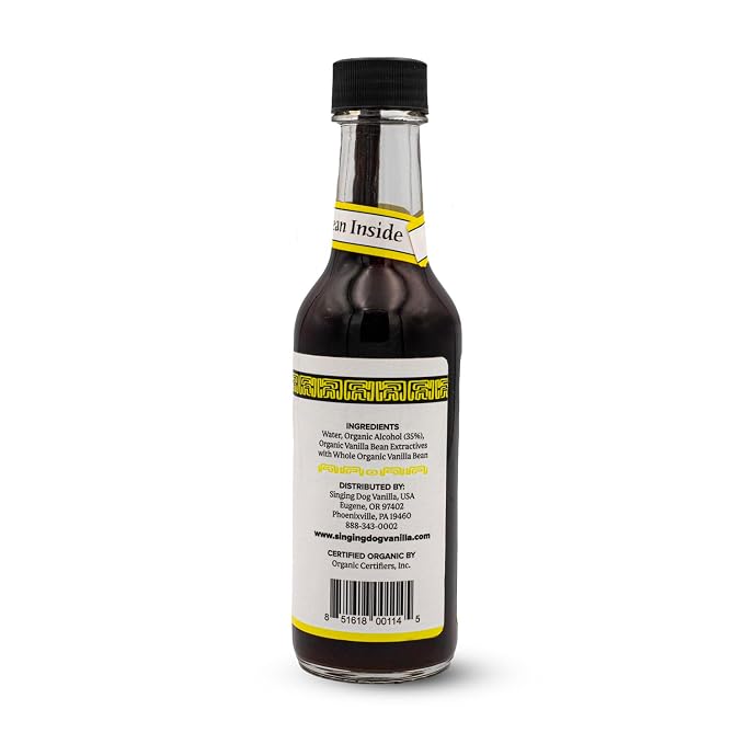 Singing Dog Vanilla Organic Pure Vanilla Extract, 5 fl oz - Whole Vanilla Bean Inside, USDA Organic - Non-GMO, Gluten-Free, Kosher Pareve, Vegan