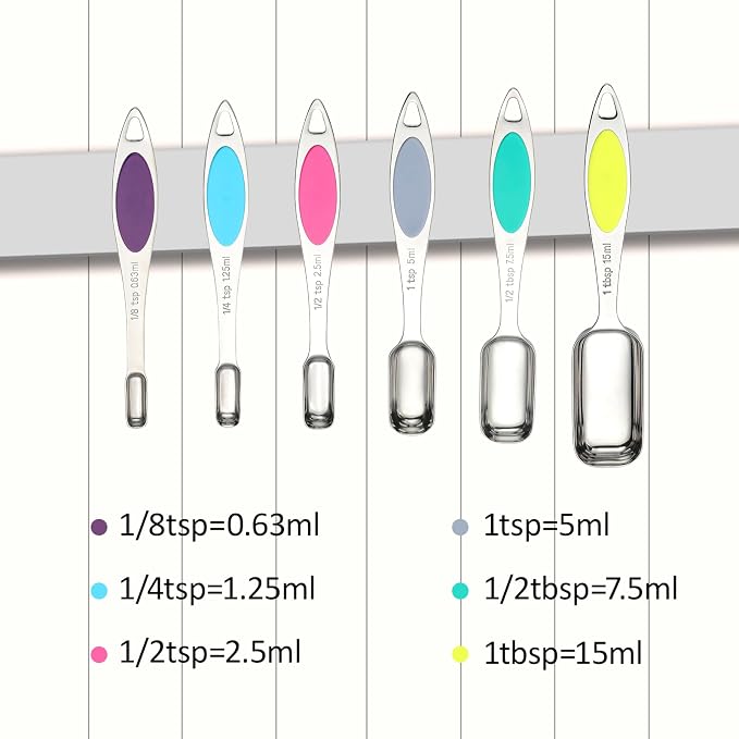 Magnetic Measuring Spoons Set of 7,Stainless Steel Measuring Spoons with Leveler,Nesting Measuring Spoon for Dry & Liquid Ingredients (7, Colorful)