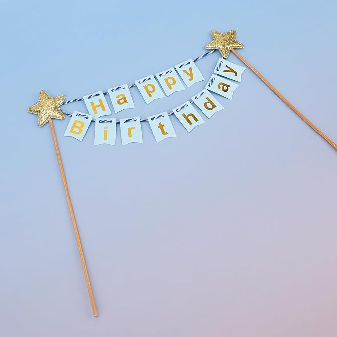 Gosknor Happy Birthday Flag Banner Cake Topper, Glitter Gold Star Blue Flags Birthday Cake Flag Decor for Party Decorations Supplies