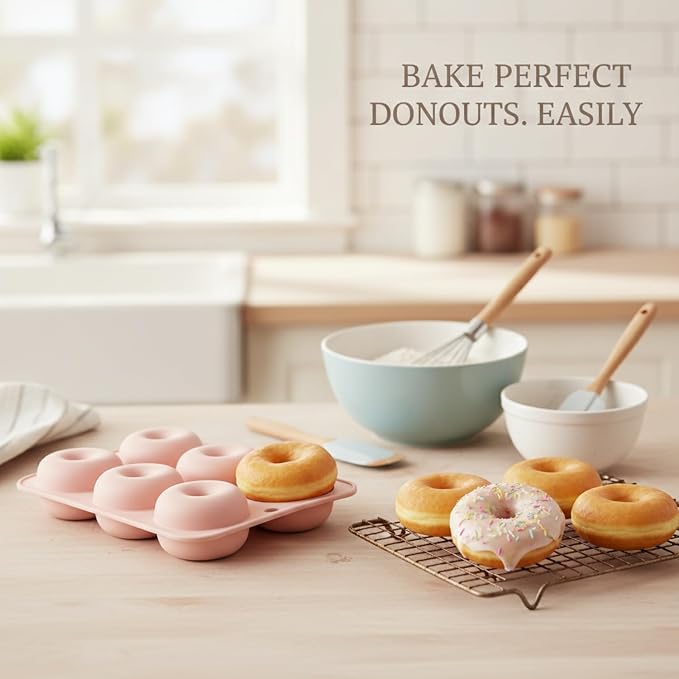 6-Cavity Silicone Donut Pan, Non-Stick Flexible Baking Mold for Easy Release, Mini Donut Maker Tray, Pink