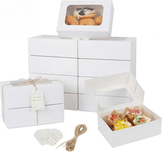 YEKTFS 24 Pack Cookie Boxes with Window, 9x6x3 Inch White Bakery Containers for Desserts, Candy, Muffins, Donuts, Chocolate Covered Strawberries & Gift Giving
