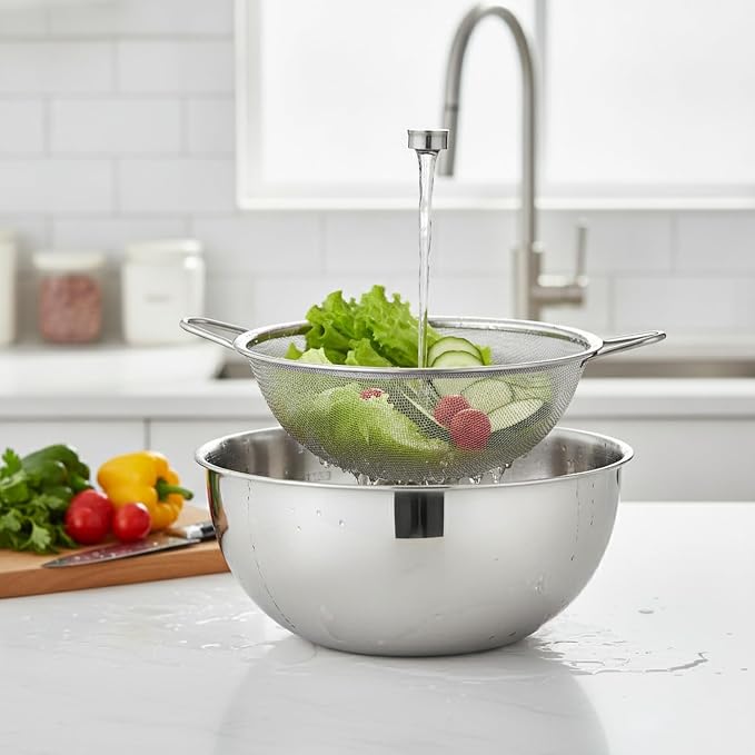 Stainless Steel Mixing Bowl Set with Nested Strainer, 2-in-1 Prep Basin for Washing, Draining, and Mixing