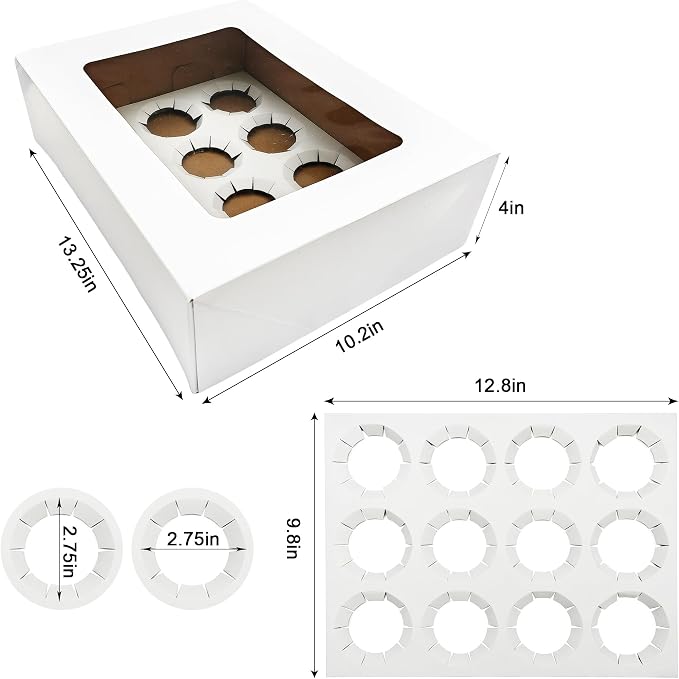 Jotique 12 Count Sturdy Corrugated Cupcake Boxes with Window, 3 Pack 13.25x10.25x4 Inch Bakery Holders for Cookies and Muffins, Disposable Treat containers for Pastry, Baked Goods, Gift Giving