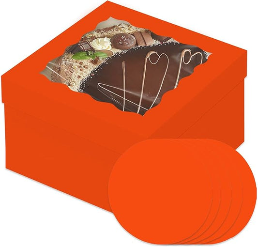 Bakepacker 36pcs 12x12x6 Inches Cake Boxes with Window 18-Packs Orange 12 Inch Bakery Boxes (18 Cake Boxes +18 Cake Boards)