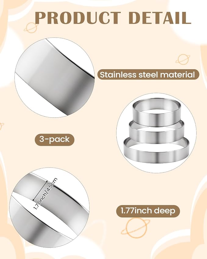 EORTA 3pcs Round Cake Ring Set, 6/8/10 Inch Stainless Steel Pancake Biscuit Cutter Tier Cake Maker Circle Mold
