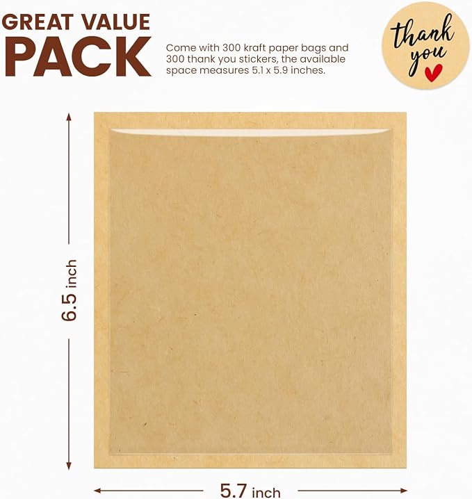 300 Pack Cookie Packaging Bags with Seal, 5.7x6.5 Inch Heat Sealable Paper Cookie Sleeves, Grease Resistant To Go Bakery Bags with Window for Bake Sale Brownie, Treat, Donut, Cake Slice, Scone
