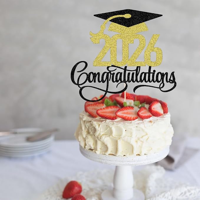 Black Gold Glitter 2026 Congratulations Graduation Cake Topper,Congrats Grad Cake Decor - 2026 High School/College/Senior Graduation Party Decorations Supplies (Black gold)
