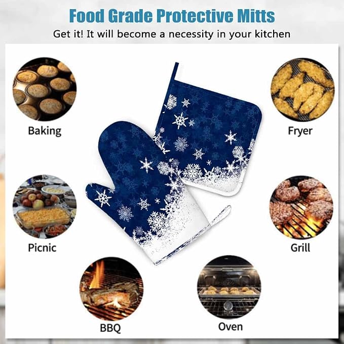 Mxocom Merry Christmas Snowflake Silicone Oven Mitts and Pot Holders Sets Winter Blue Frosty Snow Christmas BBQ Gloves for Kitchen,Cooking,Baking,Grilling