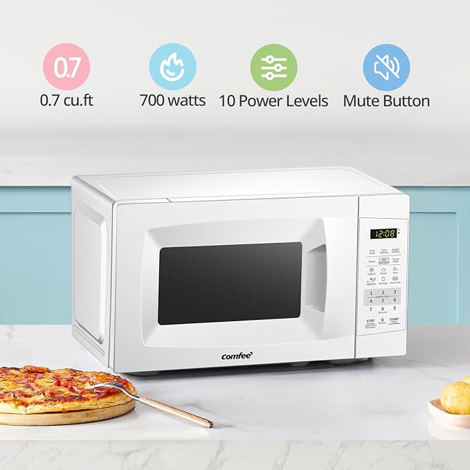 COMFEE' EM720CPL-PM Countertop Microwave Oven with Sound On/Off, ECO Mode and Easy One-Touch Buttons, 0.7 Cu Ft/700W, Pearl White