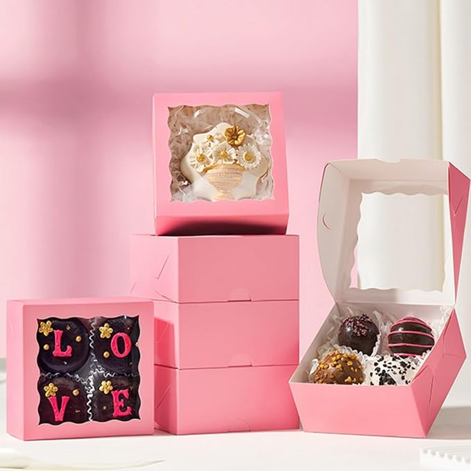 50PCS 4x4x2 Inches Pink Bakery Boxes with Clear Window Ideal for Packaging Cookie, Strawberry, Macaron, Ores, Chocolate Truffles, Donut, Pie Treat Boxes for Party Wedding Valentine's Birthday