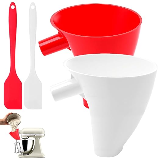 SelfTek 2 Pack Mess-Free Flour Funnel for Kitchen aid Mixer - for Artisan Ksm150 4.5-5 Tilt-Head Models, Fu-nnel Attachment with Scraper for kitchenaid Stand Mixer, Easy-Pour (2 Funnel & 2 Scraper)
