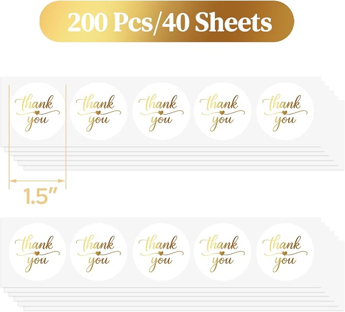 1.5 Inch Thank You Stickers with Gold Foil – 200 Pcs Elegant Thank You Stickers for Packaging, Small Business, Envelope Seals, Bakery, Wedding Favors