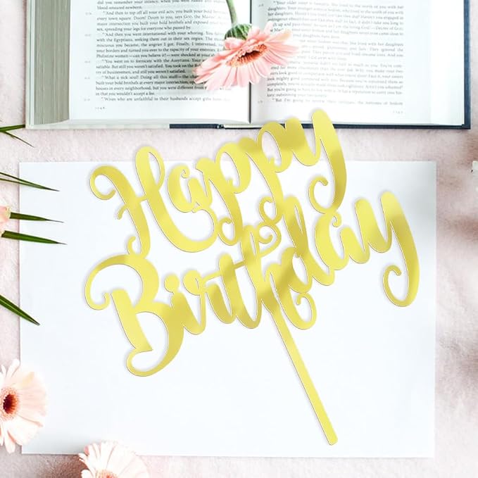 Happy Birthday Cake Topper- Glitter Happy Birthday Cake Decor, Handmade Anniversary/Birthday Party Supplies (Acrylic gold)