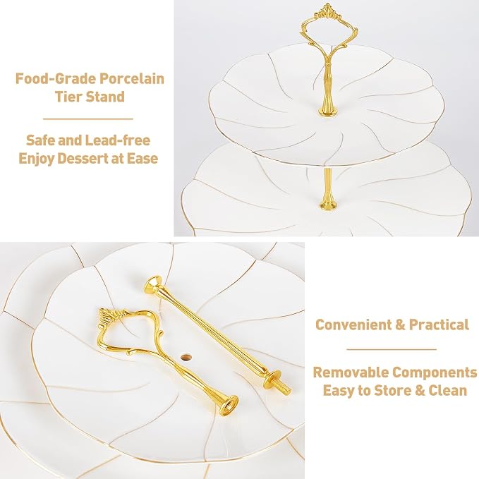 DUJUST Luxury Larger 2-Tier Cupcake Stand Tower, British Style Porcelain Serving Tray with Golden Trim, Food Grade Dessert Display Stand for Tea Party & Home Décor - 40% Larger Plates