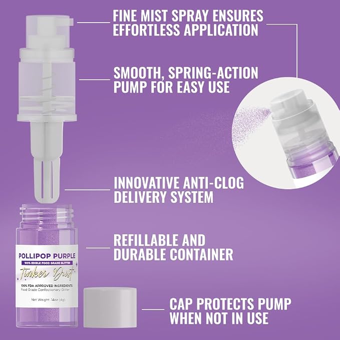 Bakell - Pollipop Purple Tinker Dust (4g, 1x Mini Spray Pump) Edible Glitter for Food, Desserts, and Baked goods!