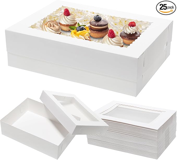 Mefleet 25pcs 14x10x4 Rectangle Cake Boxes with Window - Quarter Sheet Bakery Boxes for Donuts, Cookies, Cupcakes, Pastry Baking Pie Treat Packaging White Large
