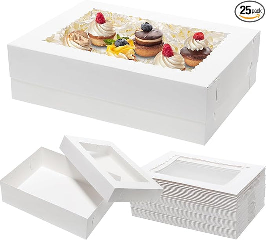 Mefleet 25pcs 14x10x4 Rectangle Cake Boxes with Window - Quarter Sheet Bakery Boxes for Donuts, Cookies, Cupcakes, Pastry Baking Pie Treat Packaging White Large