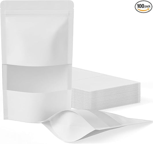 FireKylin 100 Pcs Resealable Bags, Paper Stand Up Pouches Bags with Matte Window for Small Businness, Zipper & Heat Sealable Treat Bags for Packaging(Inner Size 4.1" x 4.9"; Outer Size 4.7" x 7.9")
