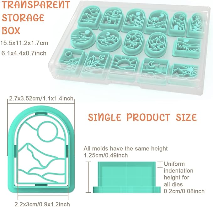 ACRNIGHEET Boho Clay Cutters - 16 Shapes Sun and Moon, Landscape Polymer Clay Cutters for Jewelry, Earring Making Kit With Storage Box