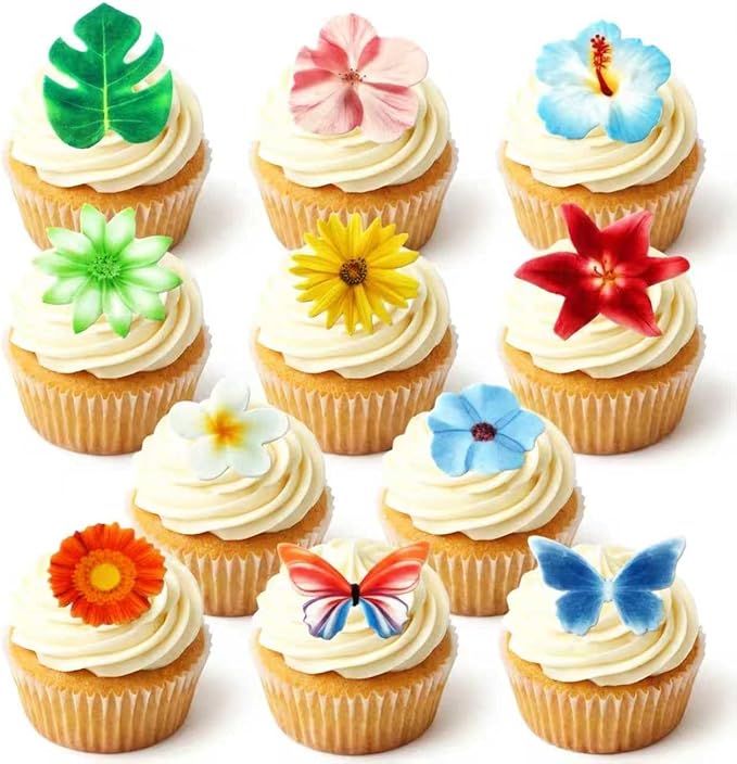54 Pcs Edible Flowers Cupcake Cake Toppers Decorations Wafer Paper Green Leaf & Tropical Flower for for Hawaiian Birthday Tropical Luau Summer Party Wedding