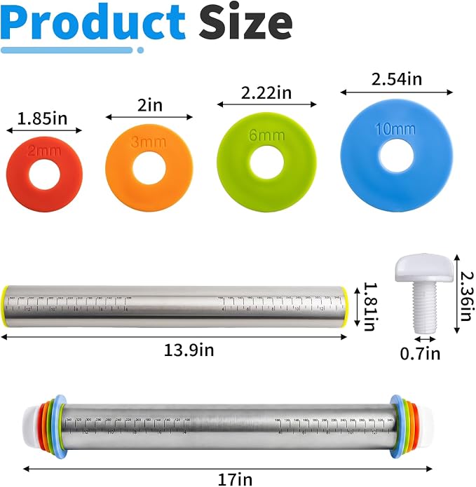 Cake Pop Roller, Adjustable Rolling Pin with Thickness Rings, Stainless Steel Design Ensures Smooth Rolling and Is Easy to Clean, Perfect for Evenly Rolling Dough for Pizza, Pie, Pastries, Pasta