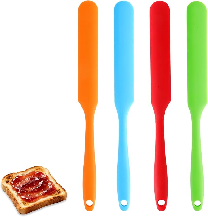 4 Pcs Silicone Jar Spatula, Long Handle Skinny Spatula Scraper for Jars & Bottles, Heat Resistant Small Spatulas Set for Kitchen Baking Sourdough Cake Makeup Essentials, Green+Red+Orange+Blue