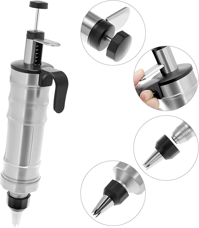QWORK Dessert Decorating Syringe Set, 304 Stainless Steel Frosting Icing Piping Kit with 6 Replaceable Tips and 8 Silicone Cupcakes - Ideal for Cakes, Cupcakes, Cookies